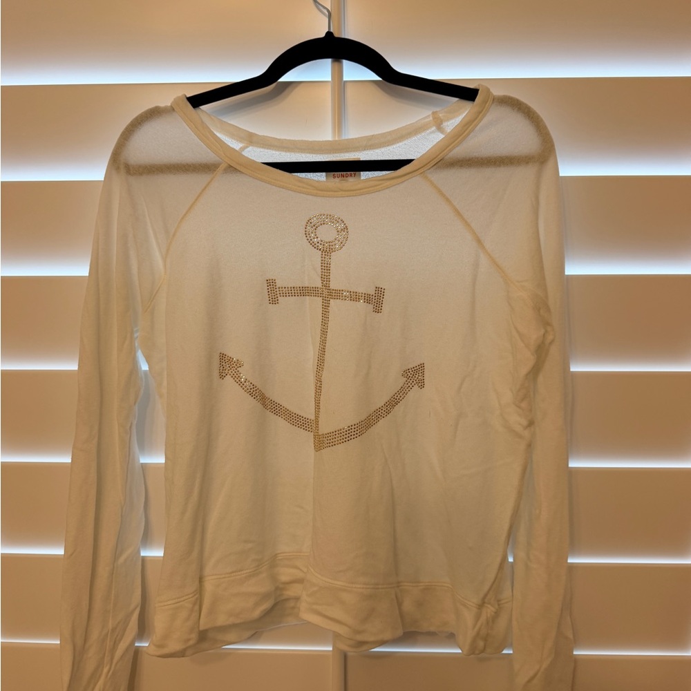 Sundry White Pullover with Gold Rhinestone Circle
